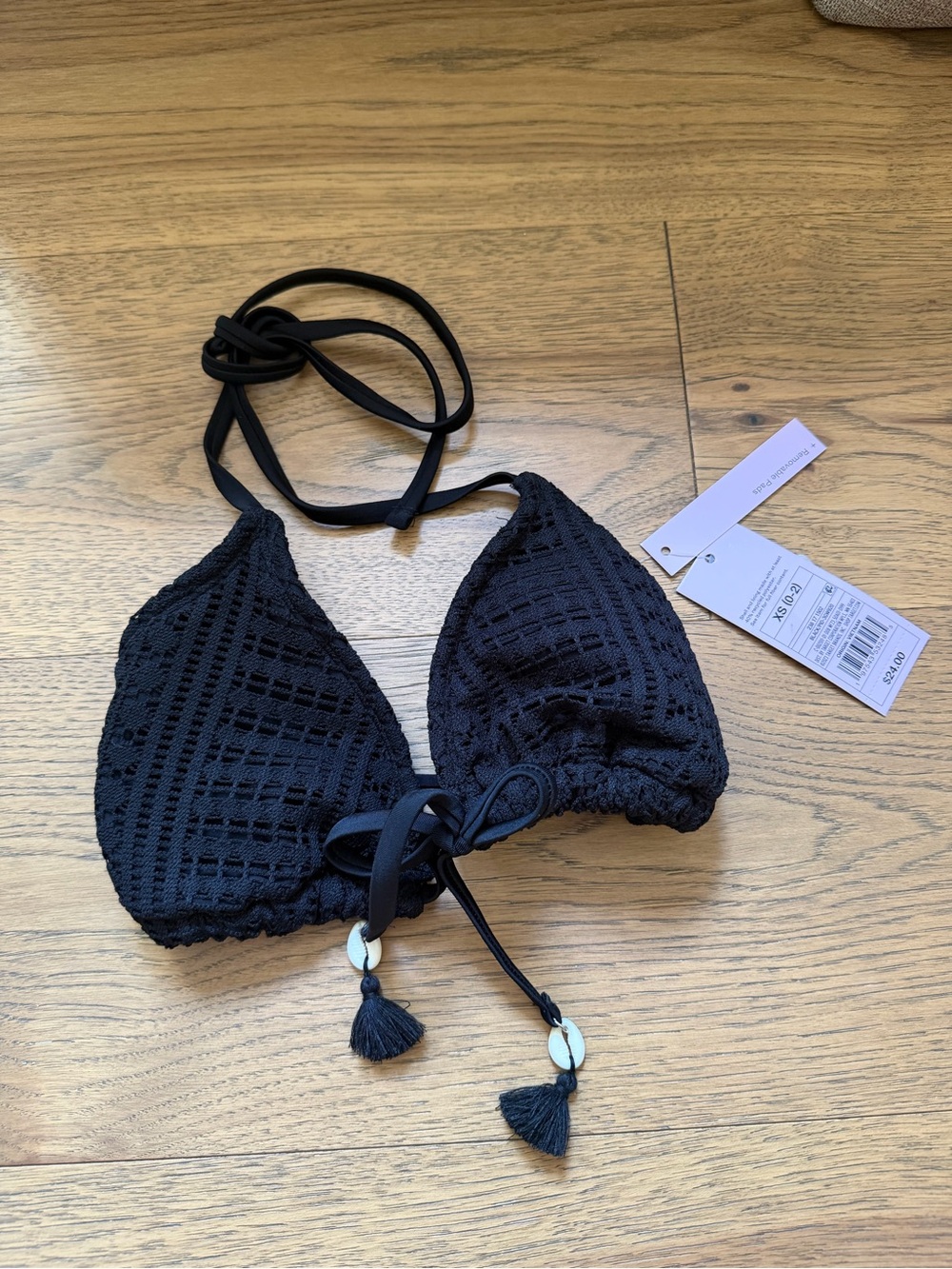 Shade & Shore NWT XS Black Crochet Triangle Bikini swimsuit Spaghetti Strap top